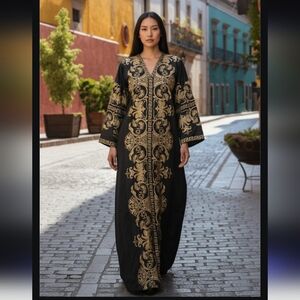 Beautiful Vintage Gold Metallic Fibran Cotton Caftan Dress M